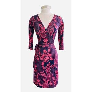 Chico Women Small Stretchy Knit Wrap 3/4 Sleeve Floral Print Knee Length Dress